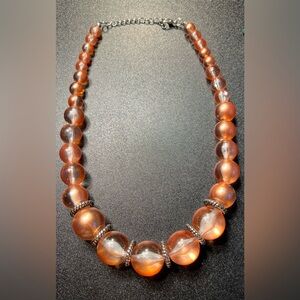 Copper Color Frosted & Clear Acrylic Bead Silver Tone Textured Rondelle Necklace